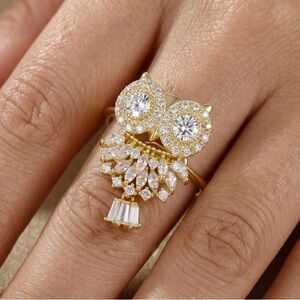 Owl Ring Adjustable Ring 14k Gold Plated CZ Stone Statement Dainty Jewelry